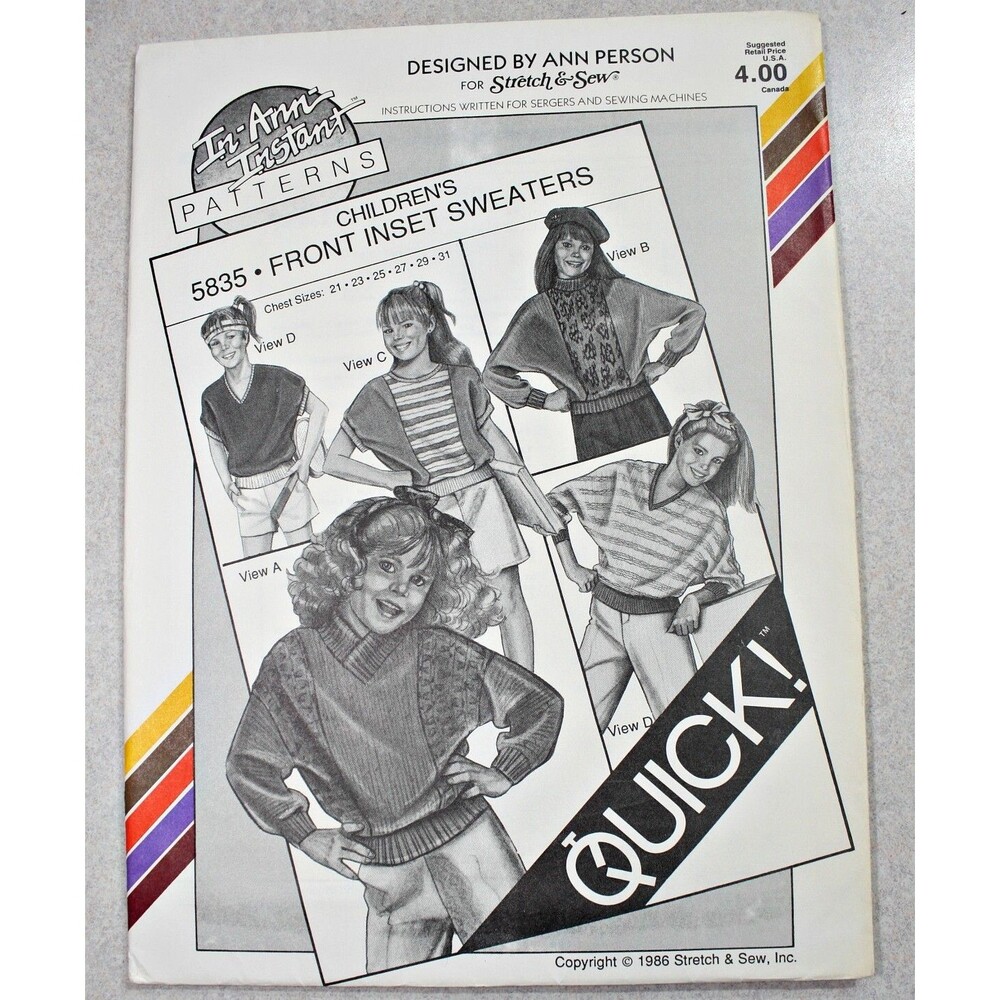 VTG STRETCH & SEW Sewing Pattern 5835 Children's Sweaters / Front Inset 1986